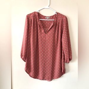 Pleione Women’s Deep Coral Pink with Pattern Top, 3/4 bell sleeve, size Large